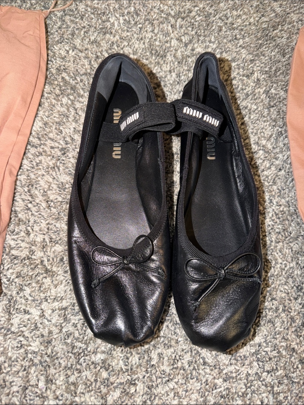 Miu Miu Black Leather Ballet Flats with Bow and Logo Strap